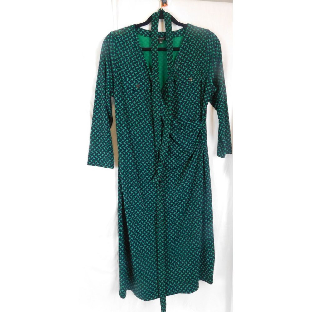 Talbots Black & Green Basket Weave Dress Surplice Neckline Size Medium